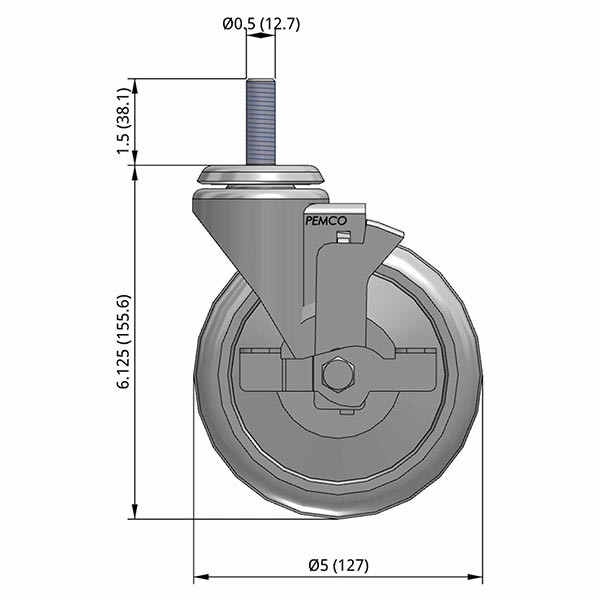 Side view drawing of caster with dimensions